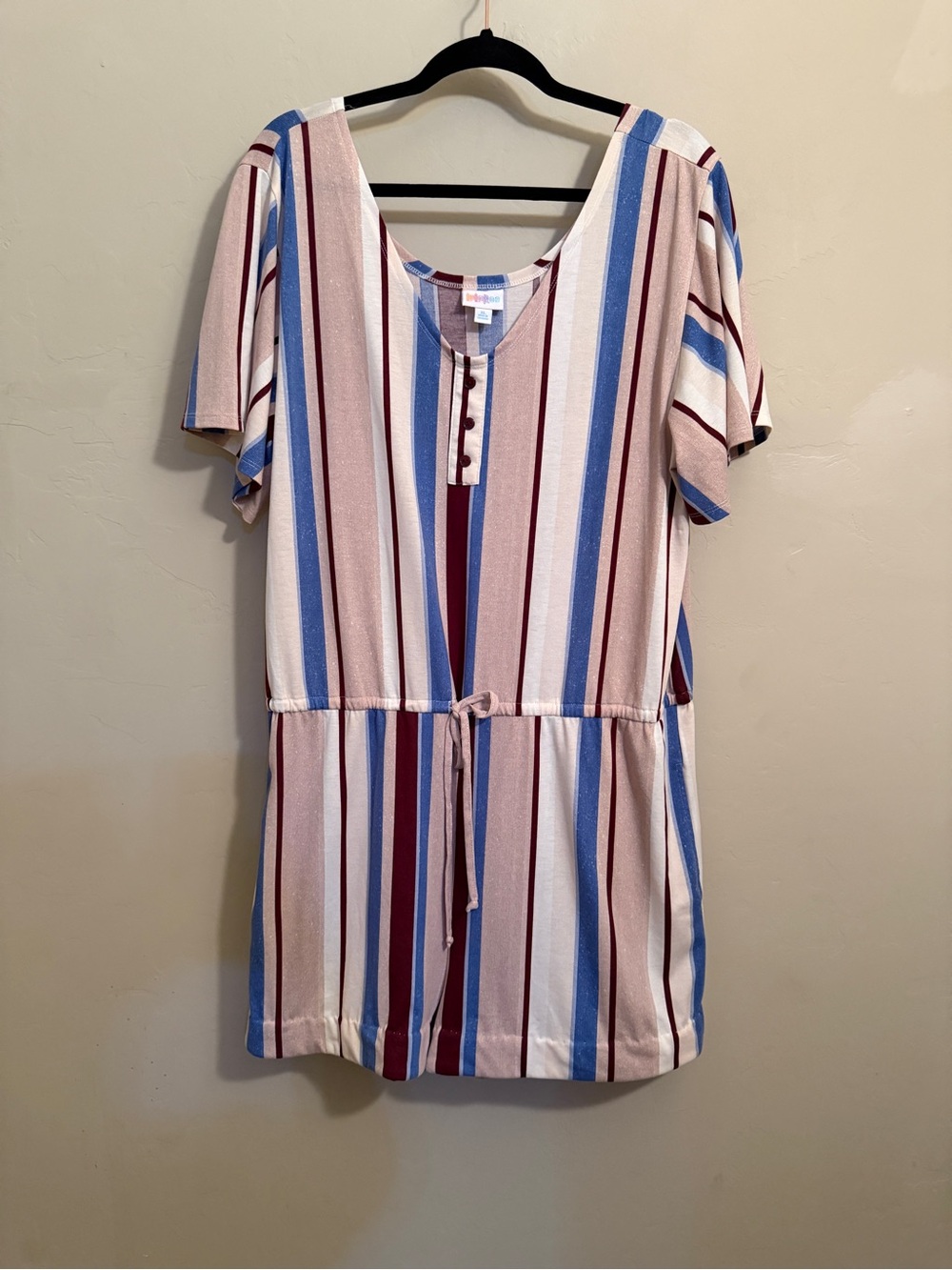 LuLaRoe Xanthe Romper XL Vertical Stripe Pink Blue Burgundy Tie Waist Pockets